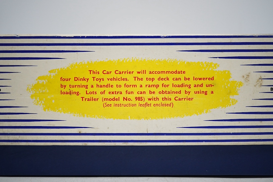 A Dinky Supertoys Car Carrier (984), boxed with inner card packing pieces. Condition - fair to good, vehicle with very minor wear only, some wear and damage to the packing pieces inside the box